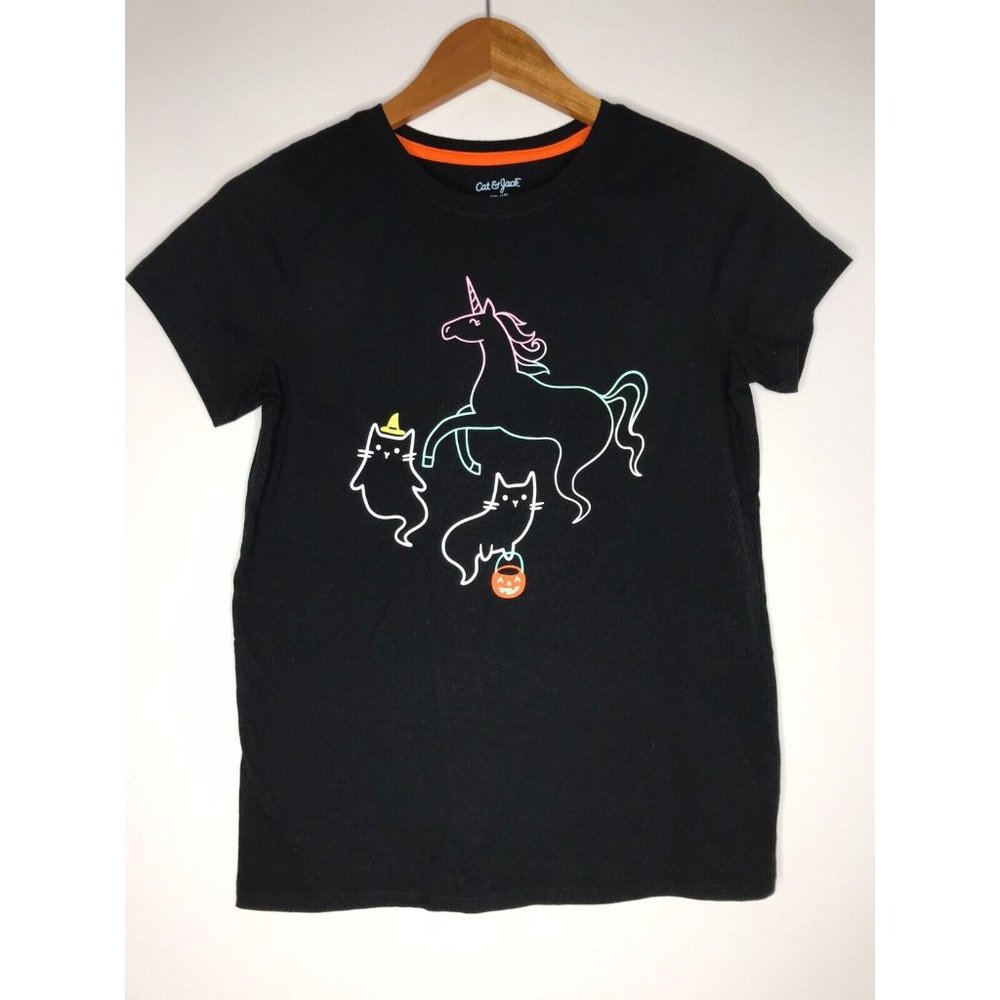 Cat & Jack Girls XXL 18 Short Sleeve Black Halloween Unicorn Cats T-Shirt